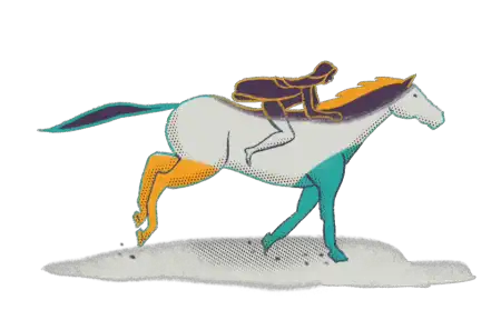Illustration of a horse with a rider in a forward-leaning position, using stylized colors including orange, teal, and brown.
