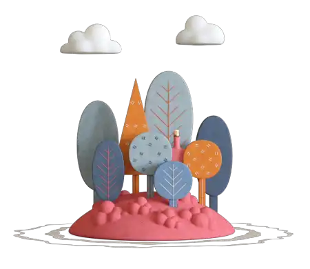 Colorful stylized trees in assorted shapes and colors on a red mound with two white clouds above on a black background.