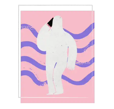 Abstract illustration of a white humanoid figure talking on a phone against a pink background with wavy purple lines.